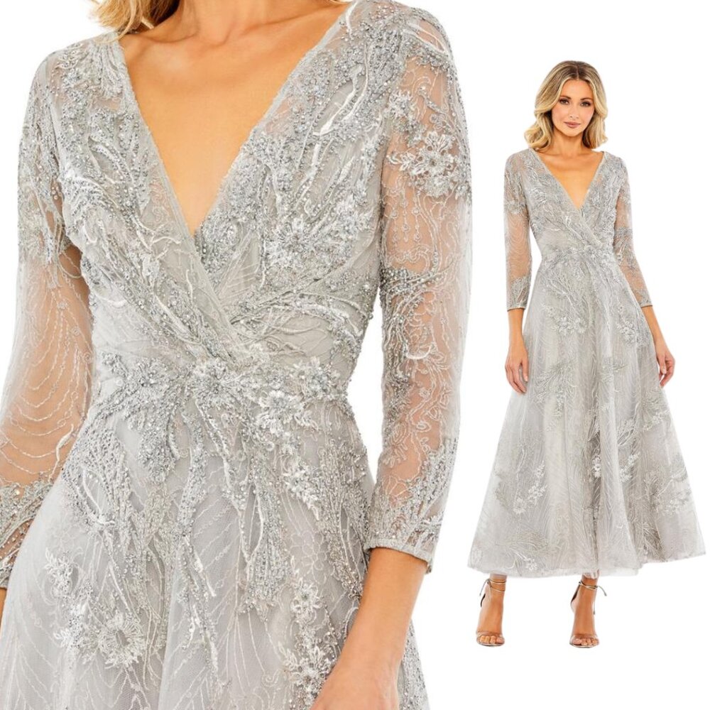 Mac Duggal 20336 Size 8 Silver Embellished Wrap V-Neck 3/4‎ Sleeve Midi Dress